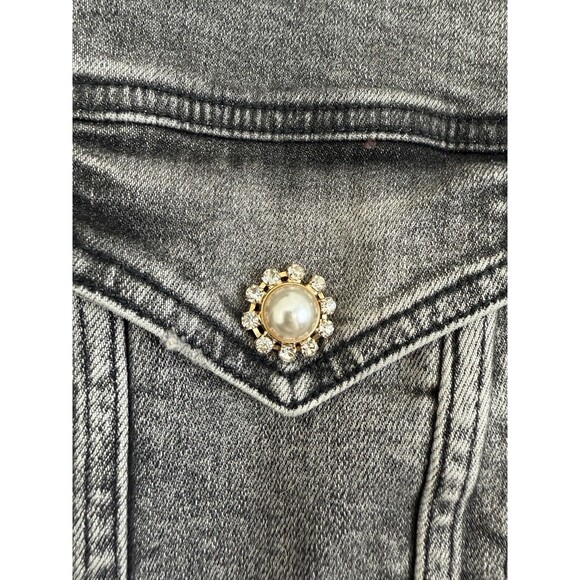 Express Black Denim Jean Jacket Size Small Rhinestones Faux Pearl Flower Buttons - Picture 3 of 9